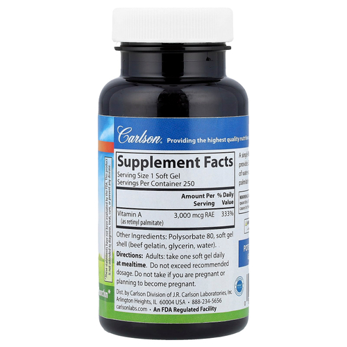 Carlson, витамин A, 3000 мкг RAE (10 000 МЕ), 250 капсул