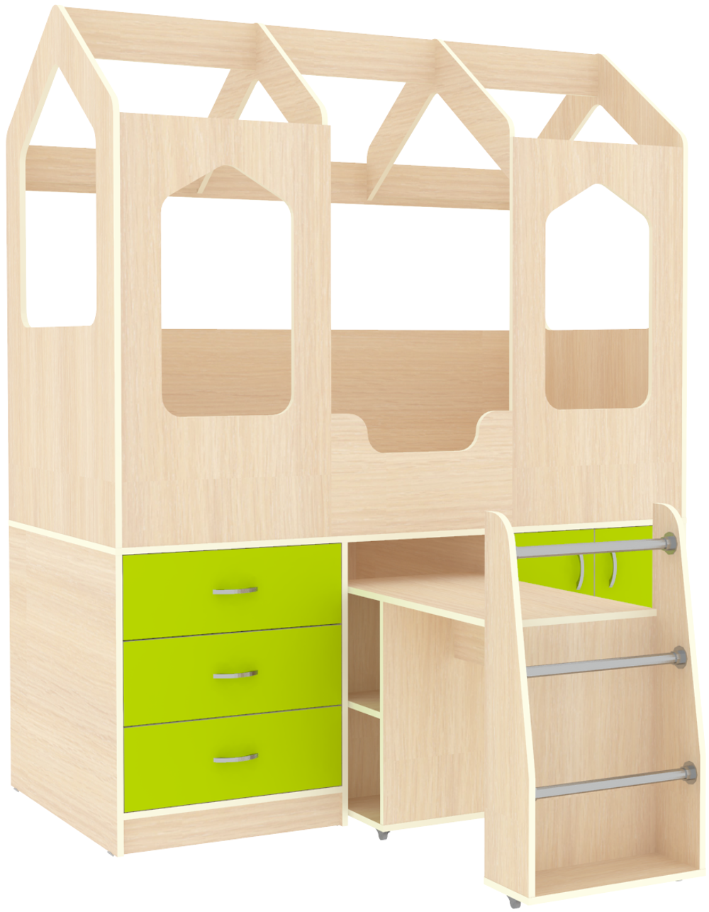 Кровать-чердак КарИВи Домик Сказка с выдвижным столом ДС-14  Дуб Молочный Лайм