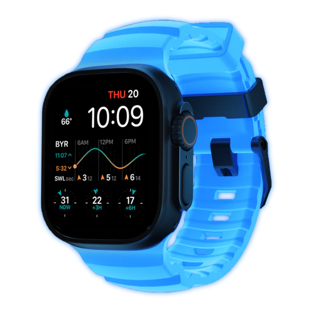 Спортивный ремешок Nomad Rocky Point Band Limited Edition Icy Blue Glow для Apple Watch 44, 45, 46 мм и Ultra 2–3 Водостойкий ремешок из фторэластомера с классической застёжкой из титана 5-го класса. На запястье обхватом 145–195 мм