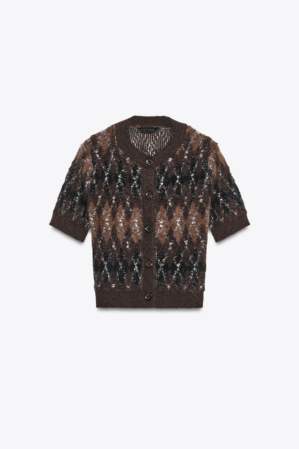 ZARA КАРДИГАН С КОРОТКИМИ РУКАВАМИ И УЗОРОМ «РОМБЫ», КОРИЧНЕВЫЙ