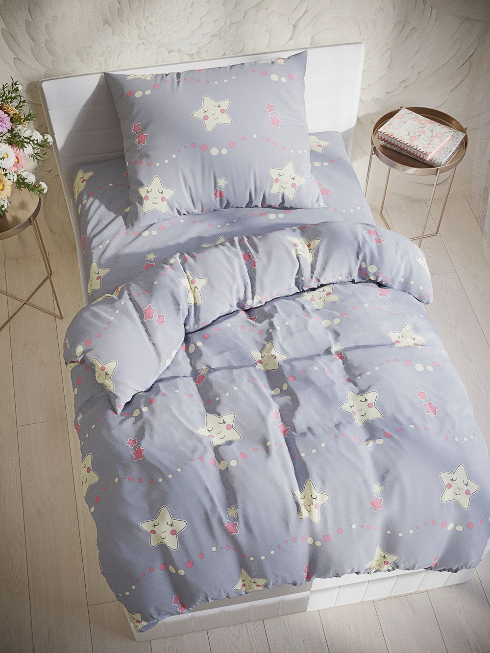 Постельное белье Сказка "Спящие звезды (серо-голубые)" 1,5-сп Наволочка 50х70 см 1 шт Простынь 150х215 см Пододеяльник 145х215 см, перкаль