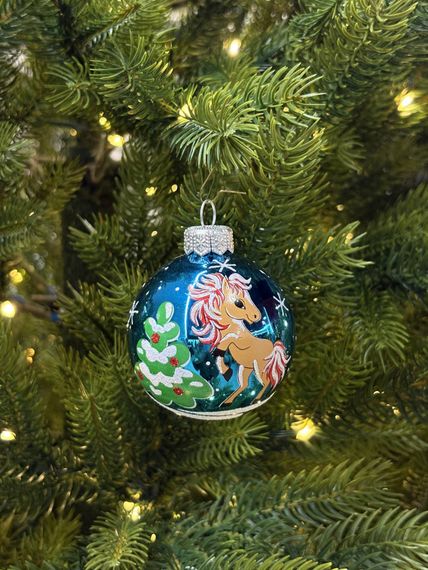 Стеклянный шар Лошадка 60 мм., бирюзовый, стекло, Ёлочка (С29-1/3)