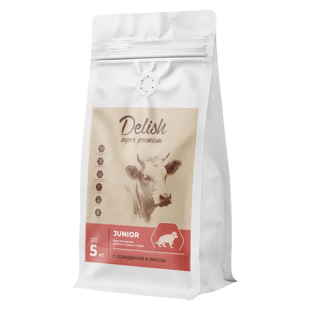 Сухой корм DELISH super premium для щенков средних и крупных пород с говядиной и рисом - 5 кг