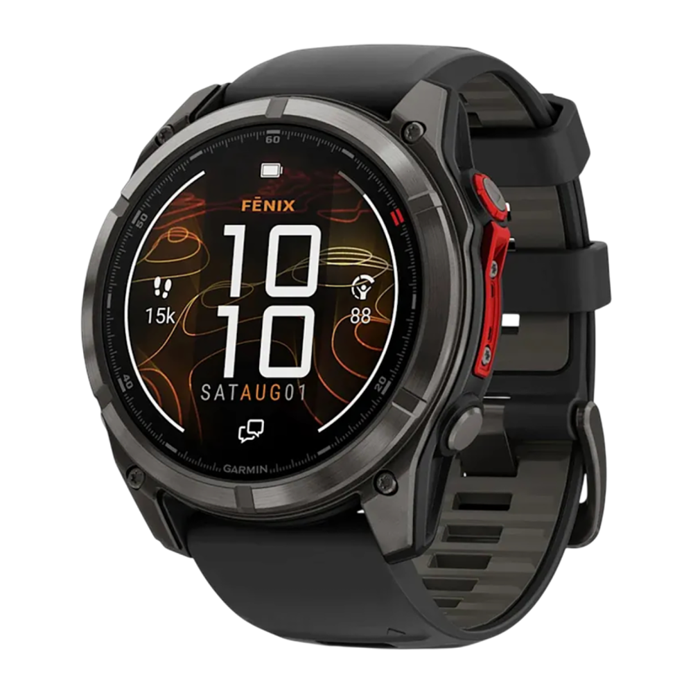 Cпортивные часы Garmin fenix 8 Pro, 51 мм, MicroLED, титан с DLC, сапфир, силиконовый ремешок цвета «чёрный/серый» Тёмно-серый безель из титана с DLC-покрытием, MicroLED-дисплей. Ремешок с классической застёжкой — на запястье обхватом 127–210 мм