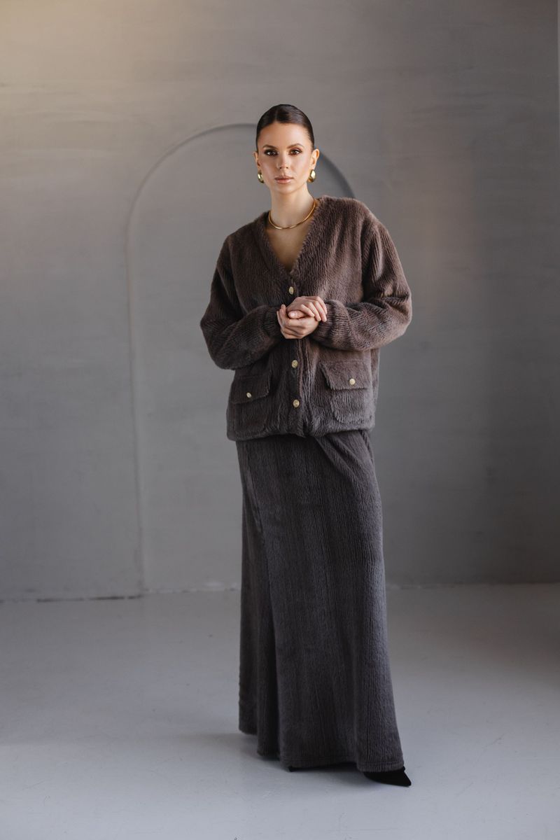 Кардиган из пушистого трикотажа коричневый