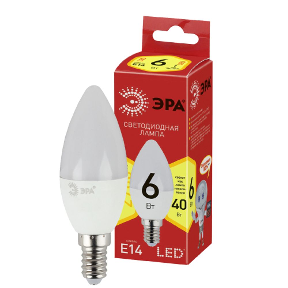 Лампочка светодиодная ЭРА RED LINE ECO LED B35-6W-827-E14 E14 / Е14 6Вт свеча теплый белый свет | Лампы cветодиодные Свеча (B/C)