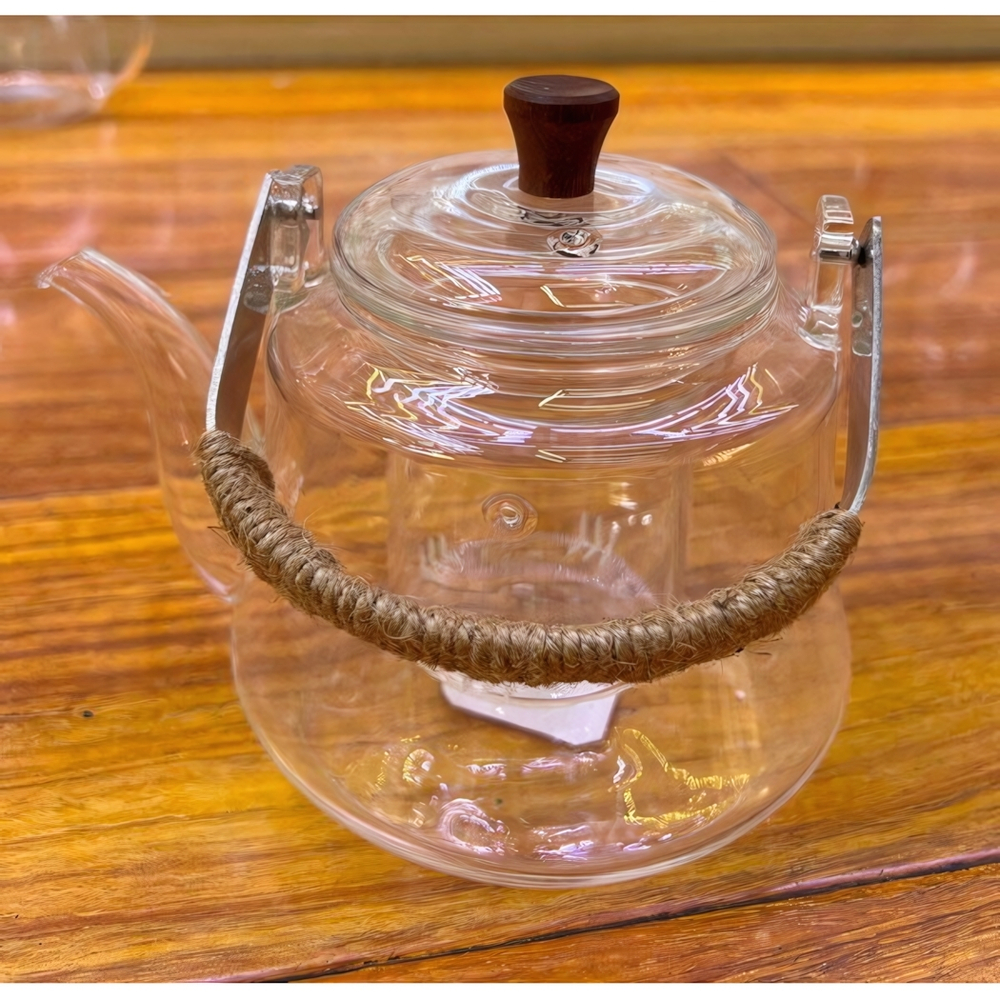 Чайник заварочный стеклянный 1000мл «ICE» со стеклянным ситом, плетеная ручка, широкий