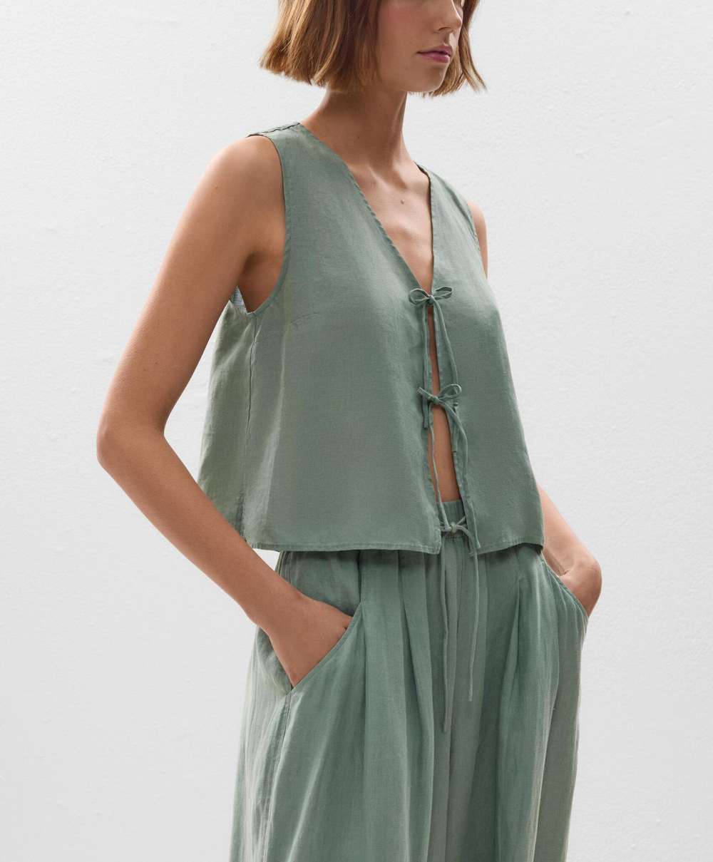 Oysho Топ с завязками из 100% льна, аквамариновый