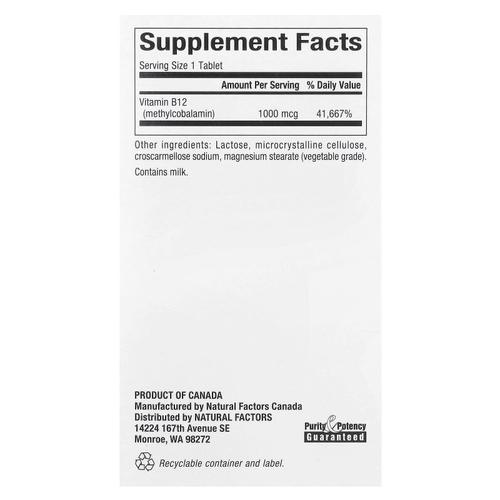 Natural Factors, витамин B12, метилкобаламин, 1000 мкг, 90 жевательных таблеток