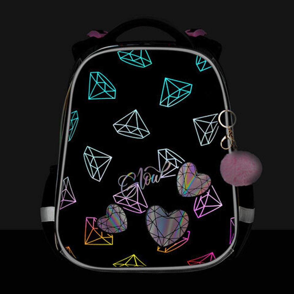 Ранец BRAUBERG LUMINOUS, 2 отделения, с брелоком, "Diamonds", СВЕТЯЩИЙСЯ РИСУНОК, 38х29х16 см, 272070