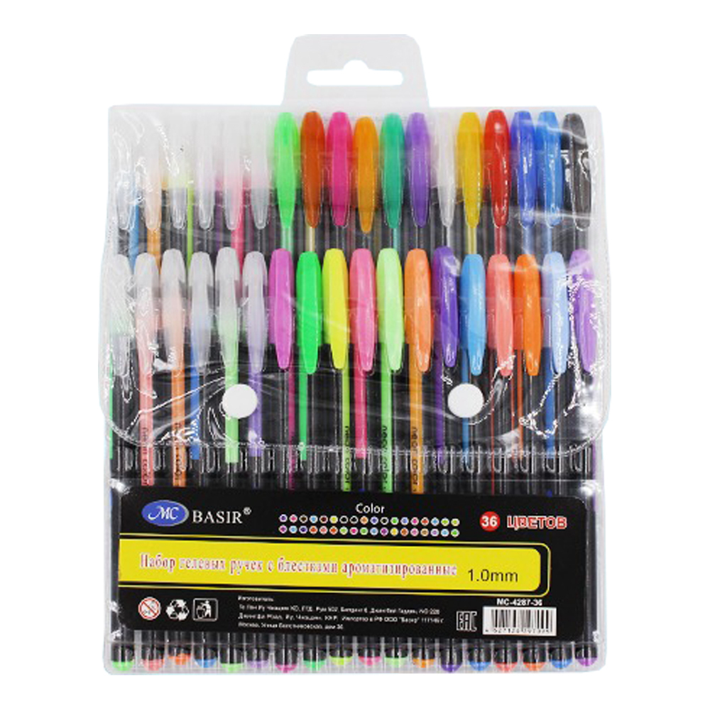 Ручка гелевая, Basir, цветные чернила, серия "Неон - пастель", ароматизированные, с блёстками. 36 шт