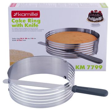 Форма-слайсер для бисквита регулируемая 24,5-30 см. Kamille KM 7799 с отверстием для нарезки и ножом