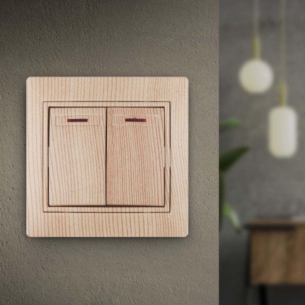 1-105-11 Intro Выключатель двойной с подсветкой, 10А-250В, IP20, СУ, Plano, сосна | Intro Plano Сосна