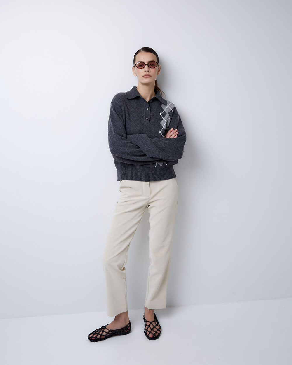 Поло из смесового кашемира ромбы темно-серый