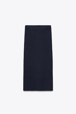 ZARA ТРИКОТАЖНАЯ ЮБКА-МИДИ В РУБЧИК, МОРСКОЙ СИНИЙ