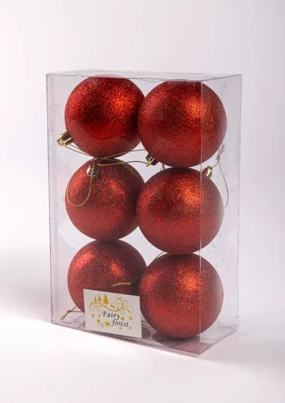 Набор пластиковых шаров Анет 80 мм., красный глиттер, 6 шт., ЕлкиТорг (150346)