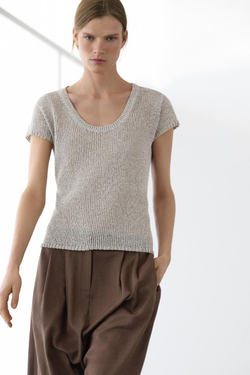 Massimo Dutti Вязаный свитер с короткими рукавами и нитяной отделкой, жемчужно-серый