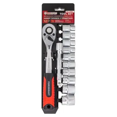 Набор инструментов, головки (10-15, 17, 19, 22, 24мм) с трещоткой и удлинителем, набор 12пр., 1/2'' FORCEKRAFT FK-012-5 MSA