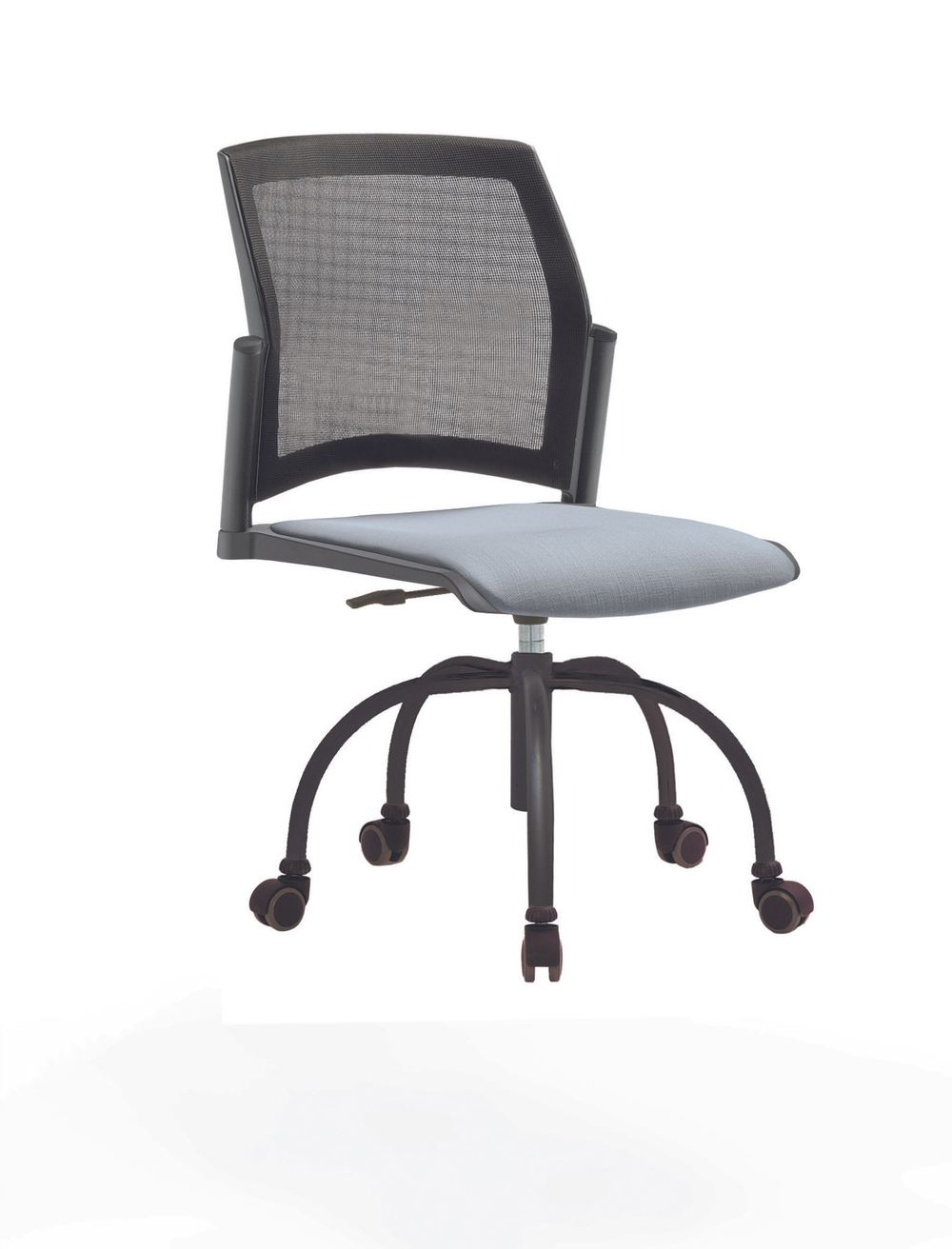 Кресло Rewind каркас черный, пластик серый, база паук краска черная, без подлокотников, сиденье серо-голубое, спинка-сетка