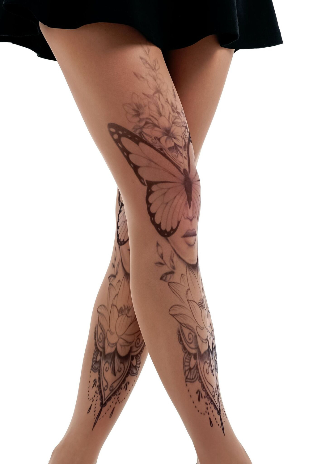 Колготки +size с имитацией симметричных тату с женскими лицами и бабочками (Размер: XL-XXL-XXXL) (Цвет: бежевый)