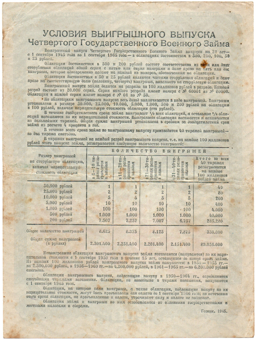 Облигация 200 рублей 1945 год. 4-ый государственный военный заем. Серия 070771. VF