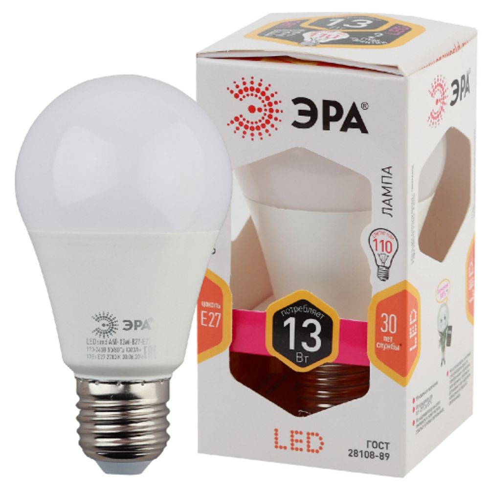 Лампа светодиодная ЭРА STD LED A60-13W-827-E27 13Вт груша теплый белый свет Е27 | Лампы cветодиодные Груша (A)