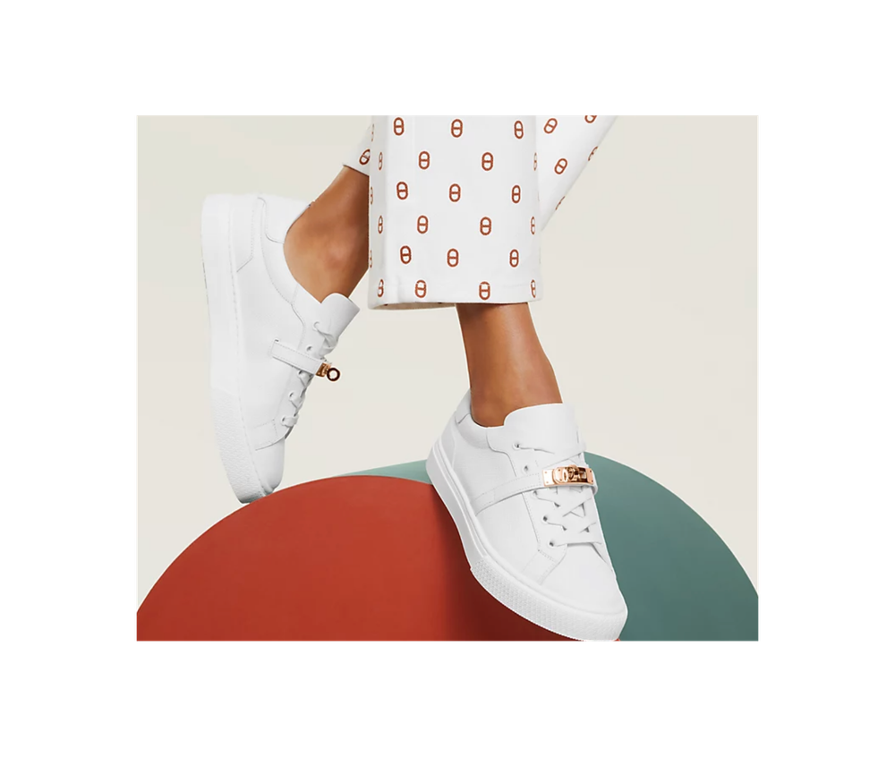 Женские кроссовки Hermès из телячьей кожи Epsom с пряжкой Kelly в цвете Rose Gold, цвет Blanc