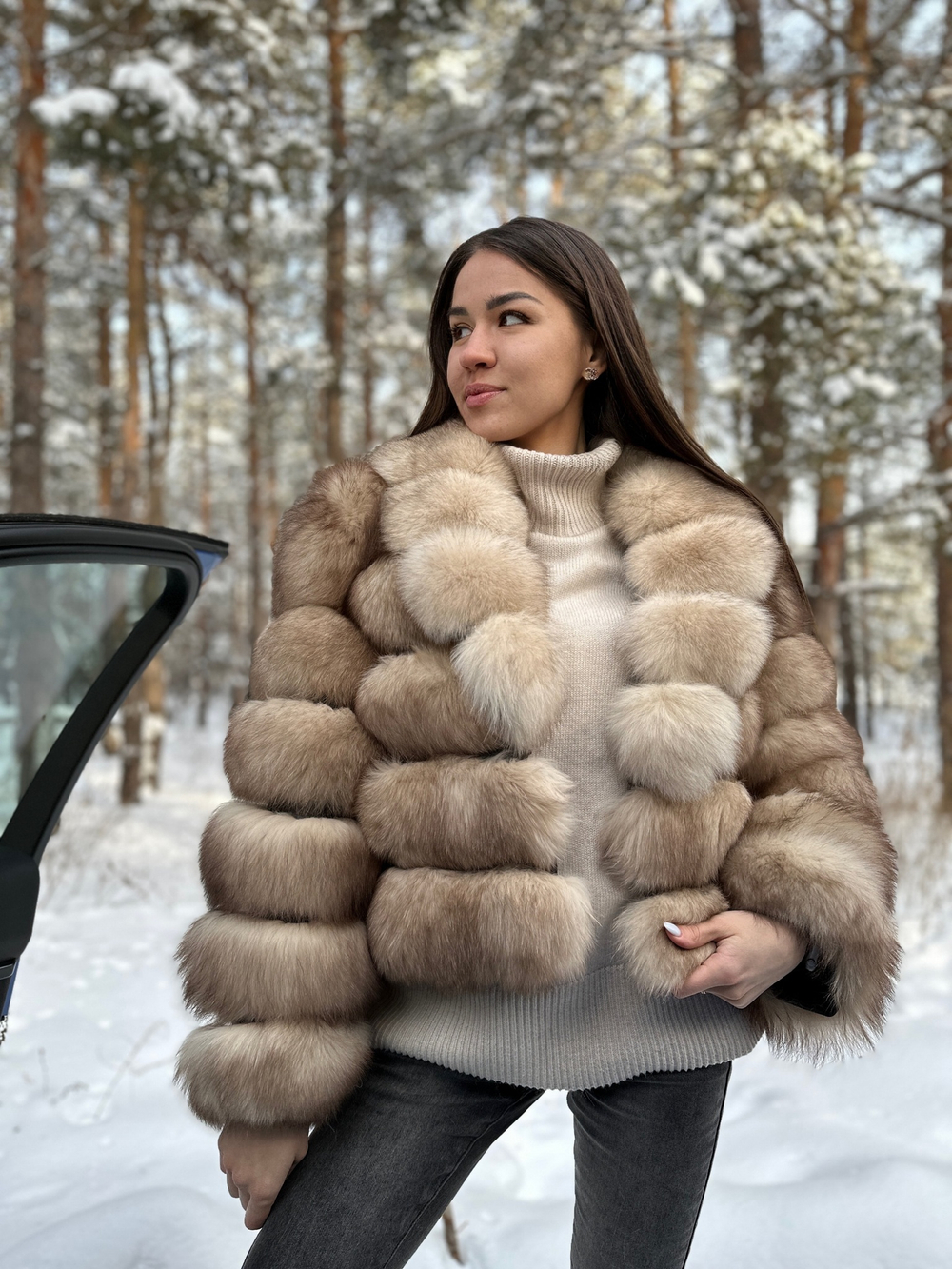 Шуба из песца в цвете «куница» с английским воротником 50см