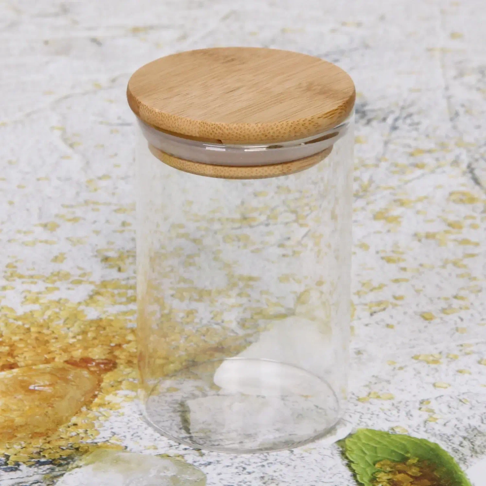 Банка для продуктов стеклянная 250мл «Хай-Тек» с бамбуковой крышкой 6,5*10см