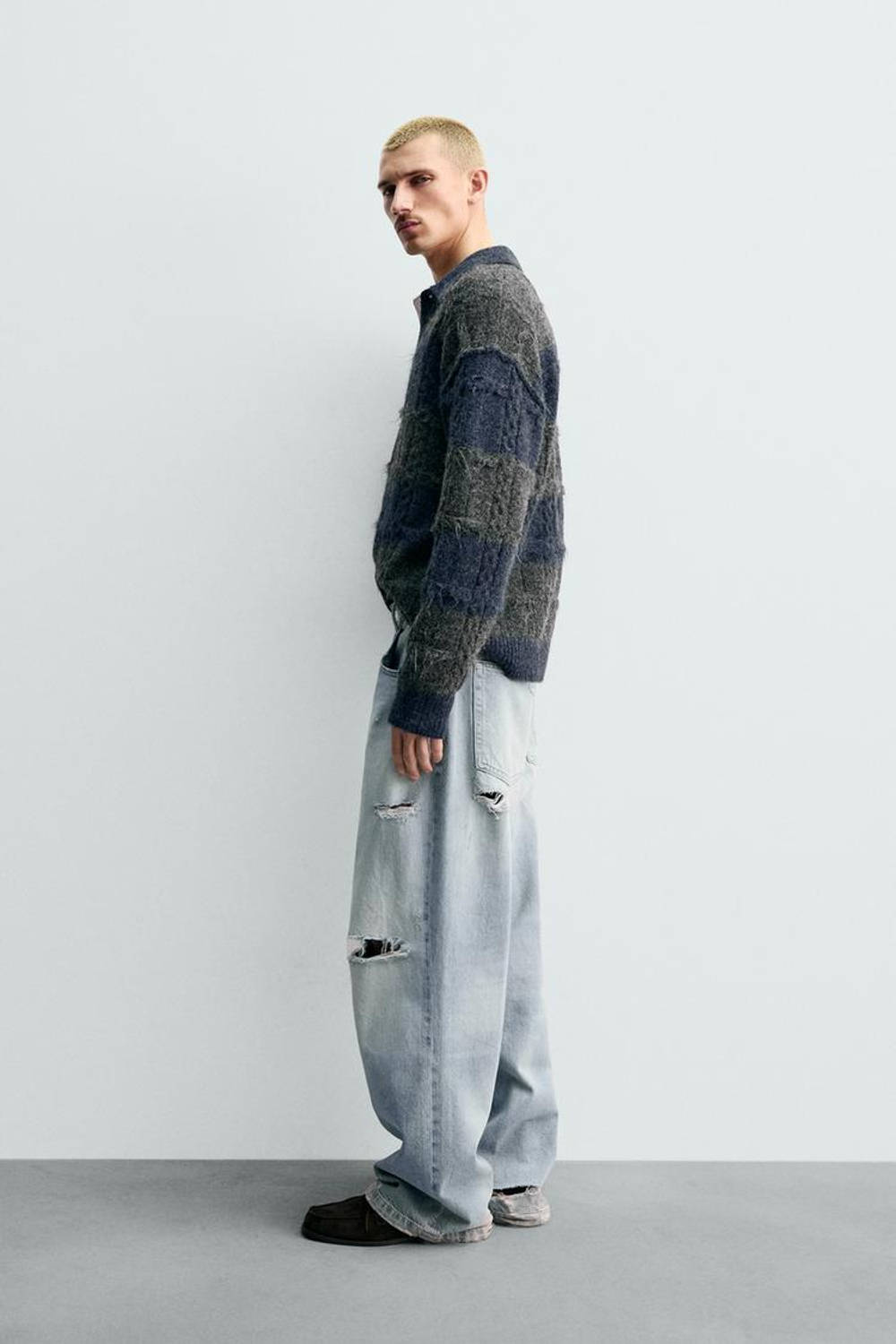 ZARA ТРИКОТАЖНОЕ ЖАККАРДОВОЕ ПОЛО В ПОЛОСКУ, АНТРАЦИТОВО-СЕРЫЙ