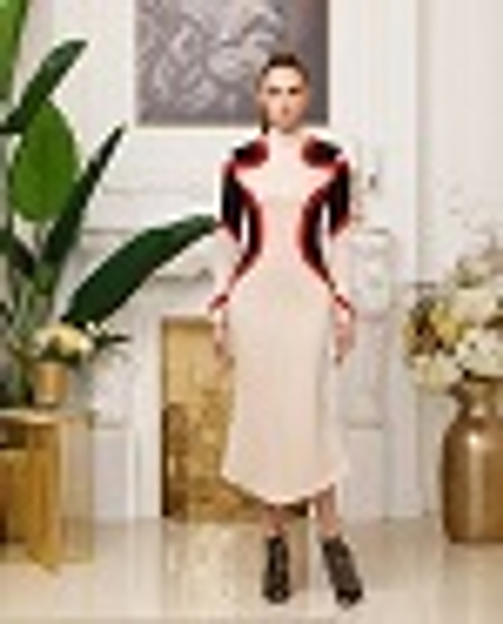 05-01-21 FW Трикотажное платье с графическими вставками, бежевый, красный, черный XL