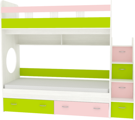 Двухъярусная кровать КарИВи Юниор 1 90х200 Белое Дерево Розовй, Лайм