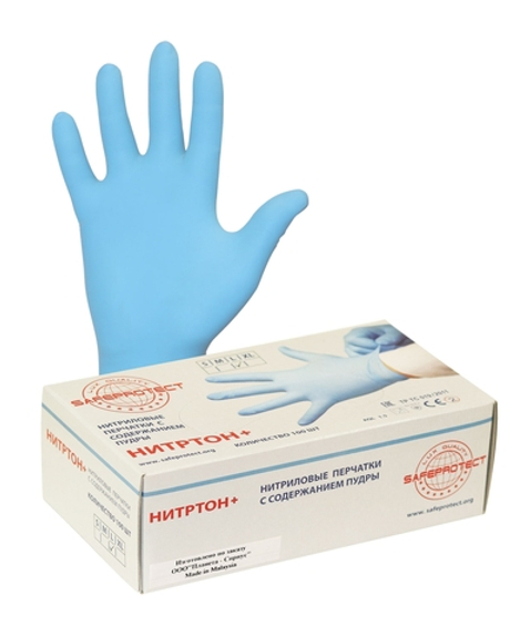 Перчатки "Нитртон+", только упак.50 пар(нитрил, голуб., пудра, толщ.0,12мм,дл.245мм.) р.S,M,L,XL