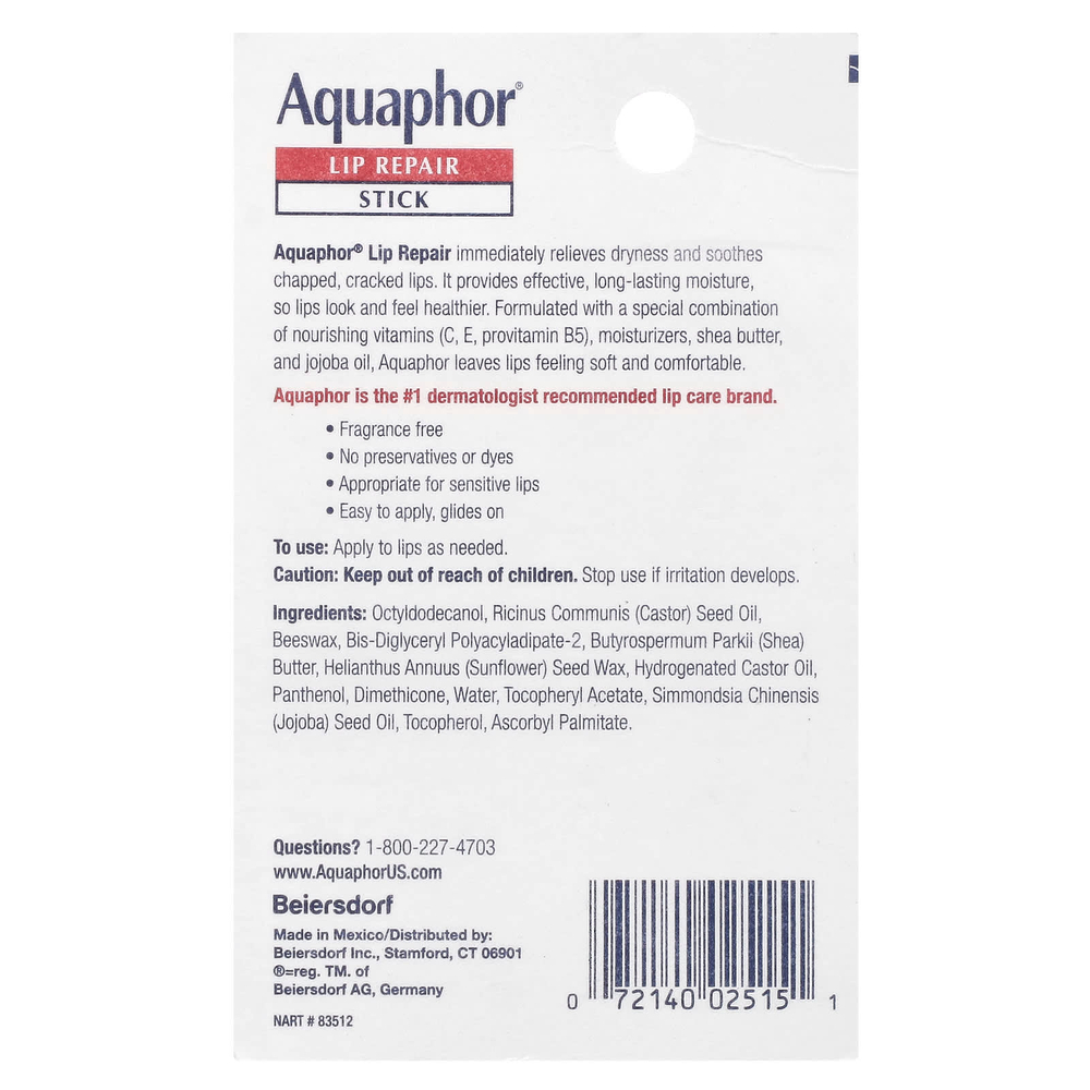 Aquaphor, Восстанавливающий бальзам для губ, помада, мгновенное восстановление, без запаха, 1 шт., 4,8 г (0,17 унции)