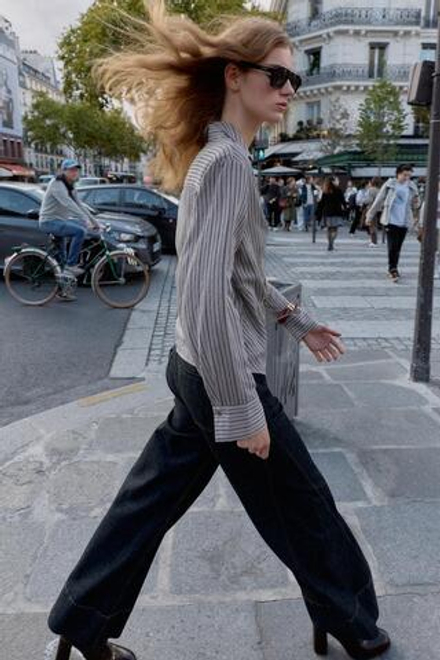 ZARA РУБАШКА В ПОЛОСКУ С ЗАПАХОМ И БАНТОМ, СЕРЫЙ МЕЛАНЖ