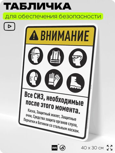 Табличка для обеспечения безопасности "Все СИЗ необходимые с этого момента", для производства, предприятия, организаций, 40х30 см, Silver Plane x Айдентика Технолоджи