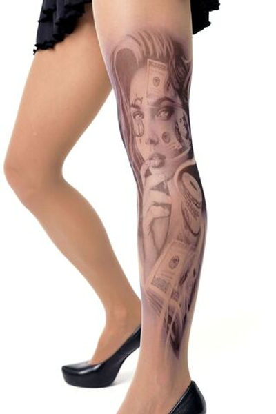 Колготки +size с принтом в виде женского лица в окружении купюр (Размер: XL-XXL-XXXL) (Цвет: бежевый)