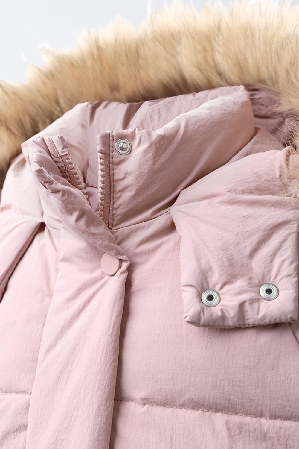 ZARA ПУХОВИК WATER REPELLENT С ОТСТЕГИВАЮЩИМСЯ МЕХОВЫМ КАПЮШОНОМ, РОЗОВЫЙ