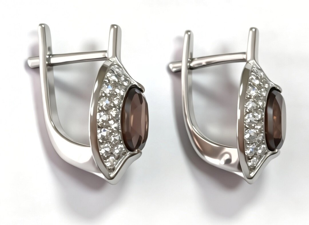 Ювелирные серьги из серебра 925 пробы,вставка раух-топаз,фианиты