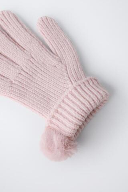 ZARA ТРИКОТАЖНЫЕ ПЕРЧАТКИ С ПОМПОНОМ, РОЗОВЫЙ