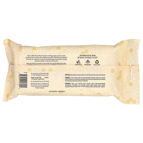 Burt's Bees, Многоцелевые салфетки с водорослями Manuka Honey, для собак, с молоком и медом, 50 салфеток
