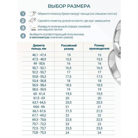 Кольцо Обереги из серебра 925 пробы, размерная таблица
