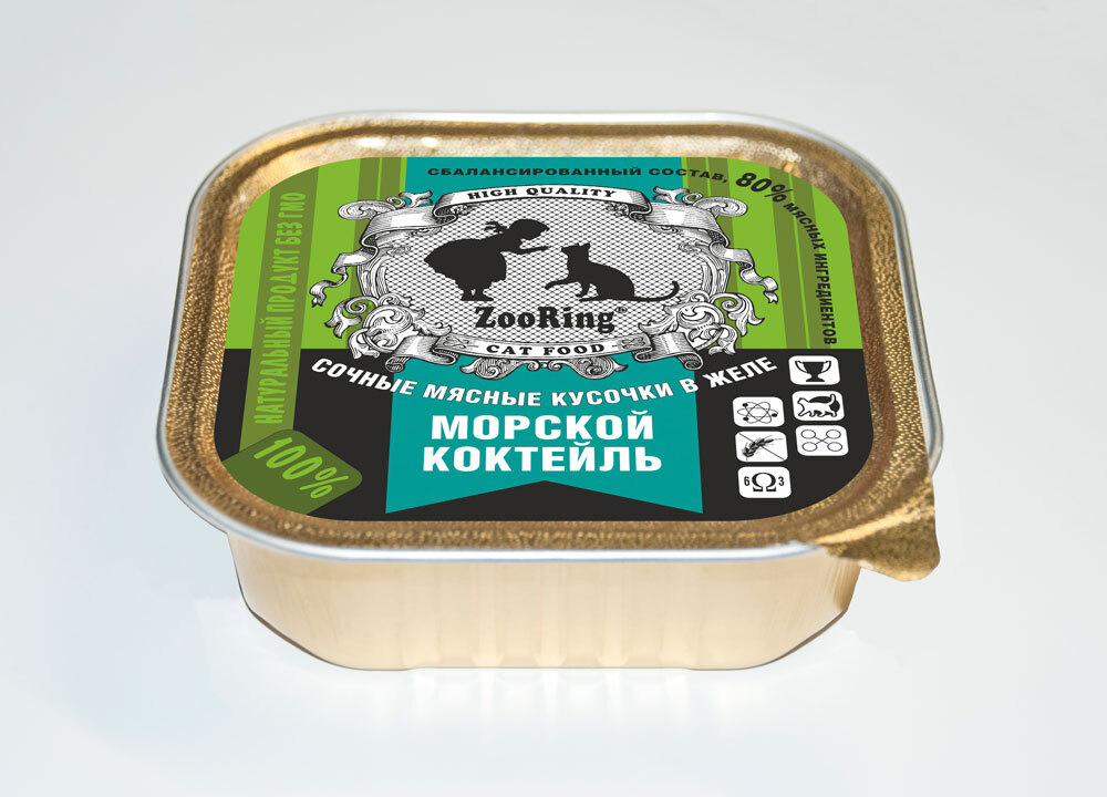Консервы ZooRing для кошек кусочки в желе Морской коктейль, 100 гр