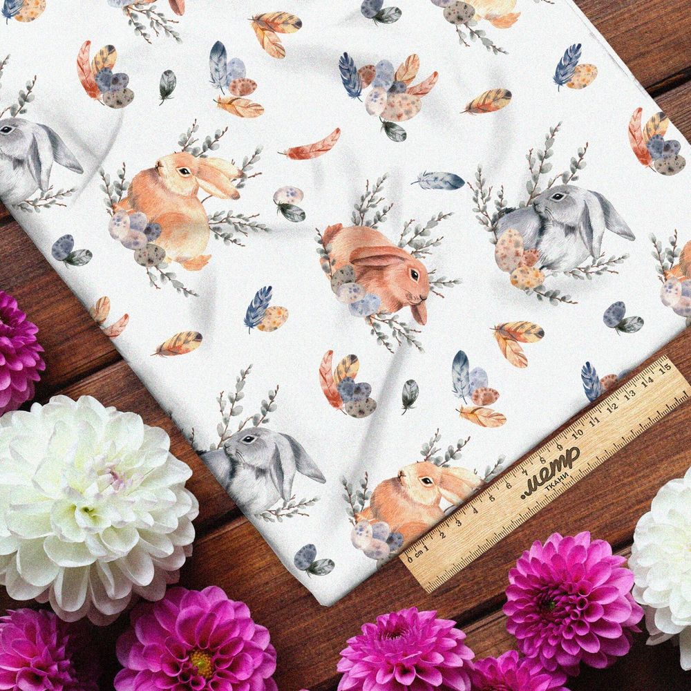 Ткань кулирная гладь рыжие и серые кролики