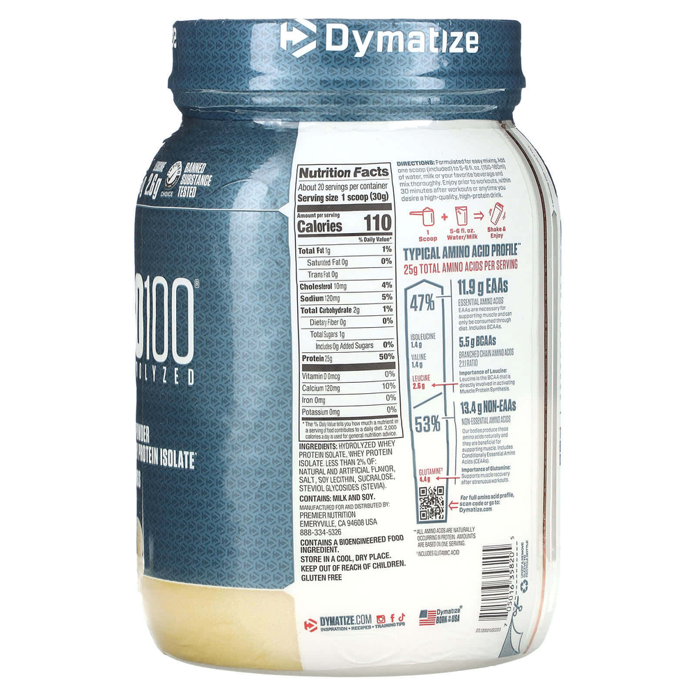 Dymatize, ISO100®, гидролизованный, 100% изолят сывороточного протеина, со вкусом ванили, 610 г (1,34 фунта)
