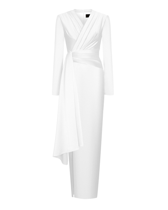 Платье макси драпированное из сатина с объемными плечами