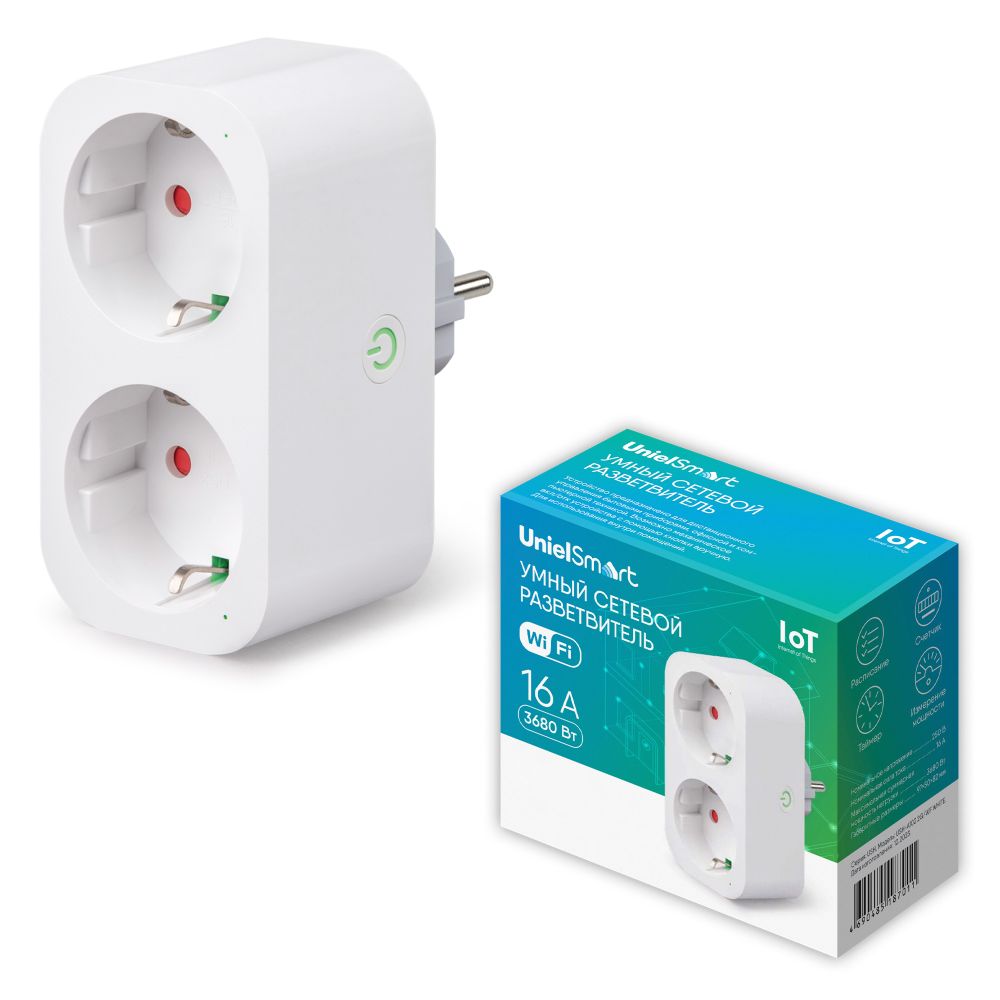 USH-A102 2G-WF WHITE Умный сетевой разветвитель Wi-Fi. 2 гнезда.16A. До 3680Вт. Голосовое управление+приложение UnielSmart. TM Uniel