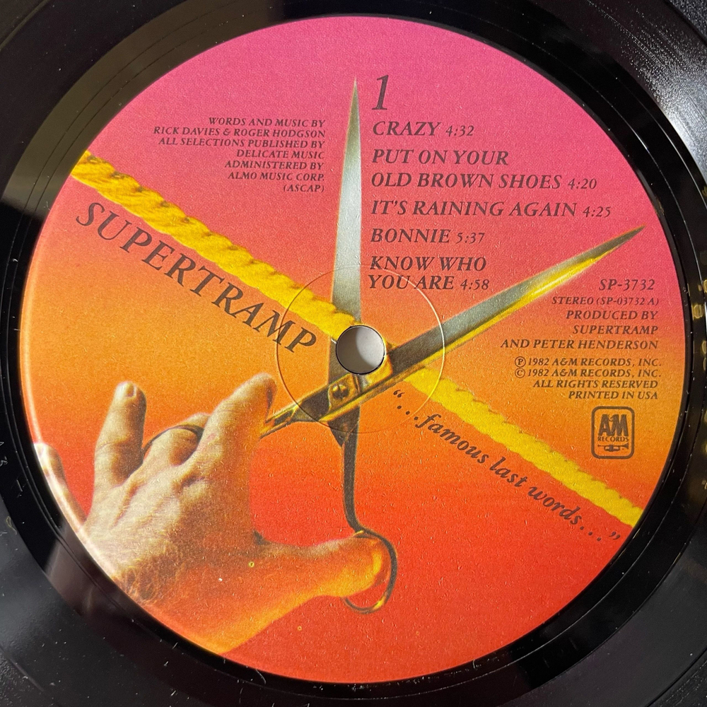 Винтажная виниловая пластинка LP Supertramp Famous Last Words (США 1982) Put On Your Old Brown Shoes