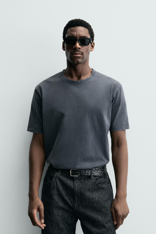 ZARA ХЛОПКОВАЯ ФУТБОЛКА С КОРОТКИМИ РУКАВАМИ, АНТРАЦИТОВО-СЕРЫЙ