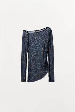 ZARA ТОП ИЗ ПОЛУПРОЗРАЧНОЙ ТКАНИ СО СБОРКАМИ И ВЫШИВКОЙ БИСЕРОМ, СИНИЙ